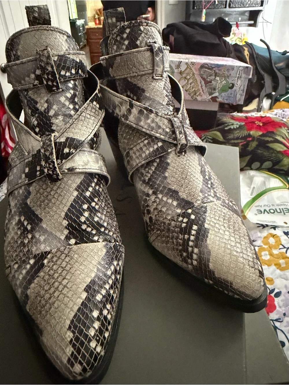All Saints Snake-Print Pointed Ankle Boots in Tan and Black
